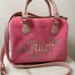 Juicy Couture Pink Plush Crossbody Satchel with Crystal Butterfly Logo
